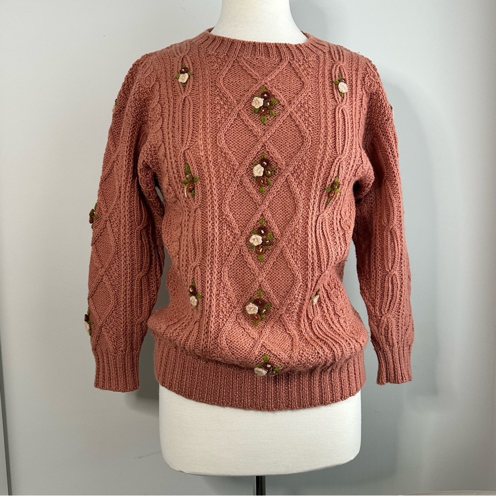 Vintage Elegant Pink Cable Knit Sweater